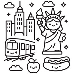 Cute New York City Landmarks and Icons Doodle Art.