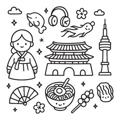 Korean Culture Doodle: Hanbok Architecture Food and Landmarks.