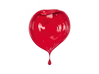 Vibrant red paint splash or drop shaped like a heart with a small drip falling down, isolated on transparent background