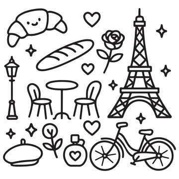 Parisian Illustration: Eiffel Tower Croissant and Bicycle.
