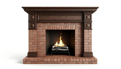 Classic brick fireplace with burning log on a steel grate. Home interior design and comfort, warm hearth concept for winter.