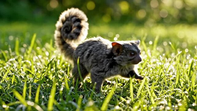 Australian Brushtail Possum with a Curly Tail in Sunlit Grass
