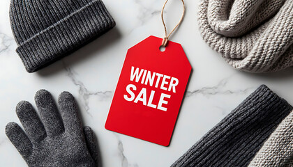 Red winter sale tag with warm knitted accessories. Winter apparel discount and seasonal fashion advertisement. Shopping promotion concept.
