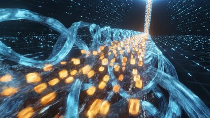 Digital data stream with glowing orange cubes flowing through transparent blue helix and futuristic network tunnel featuring blue grid lines and DNA strands symbolizing advanced technology and high - Powered by Adobe