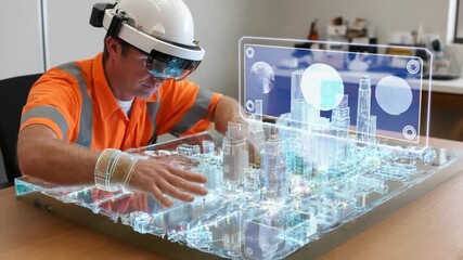 The Engineer's Augmented Reality Vision: An engineer, immersed in a futuristic project, uses augmented reality to meticulously analyze a model, blending digital insights with the physical world. - Powered by Adobe