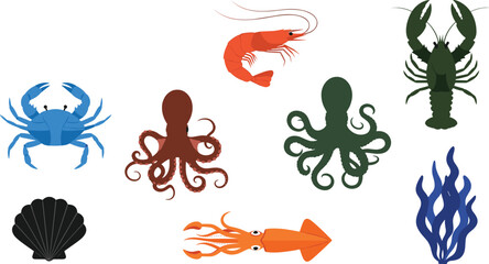 cad drawing flat vector illustration, sea creatures, crab shrimp lobster, octopus squid seashell, marine life, ocean animals, seafood collection design © Selim Creatives