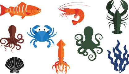 cad drawing flat vector illustration, sea creatures, fish shrimp lobster crab, octopus squid seashell, marine biology, ocean animals, seafood design collection © Selim Creatives