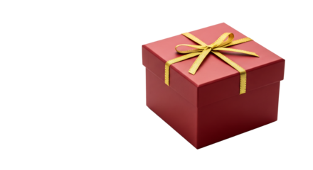 A closed square red gift box with a shiny golden ribbon bow, isolated on a clean white background with copy space