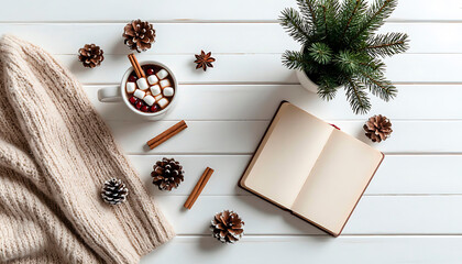 Warm mug of hot chocolate with marshmallows and cranberries next to a cozy sweater and open notebook. Winter holiday comfort and relaxation.