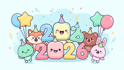 Naklejka premium Delightful cartoon animals celebrating New Year 2026 with festive balloons and party hats, perfect for cheerful holiday greetings and whimsical invitations