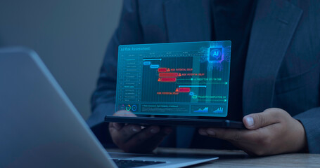 Businessman uses AI for project risk assessment. Hologram Gantt chart showing potential delays, task scheduling, and AI prediction for completion. Project Management, Predictive Analytics, Intelligent