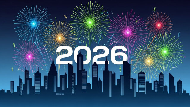 Celebrate the New Year 2026 with vibrant fireworks over city skyline, a perfect banner for New Year's Eve parties and future-focused business events