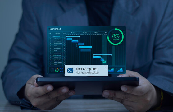 Project management dashboard on tablet with Gantt chart. Digital workflow tracking for business efficiency. Mobile Project Management, Remote Work, On-the-go, Real-time Updates, App Interface