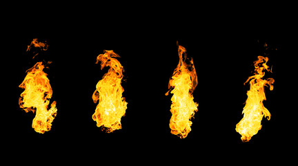 Collection of isolated flames on black background. Perfect for digital art, design and visual effects. Perfect for energy explosion scenes.
