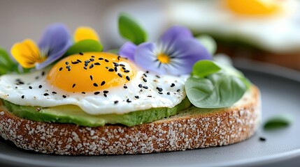 Close-up of a gourmet toast with a fried egg, avocado, edible flowers, and basil leaves on a plate.  Healthy breakfast concept.