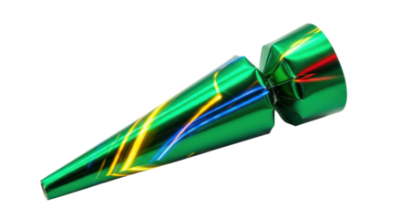 Shiny Metallic Green Party Popper Product Shot with Abstract Light Reflections isolated PNG with Transparent Background