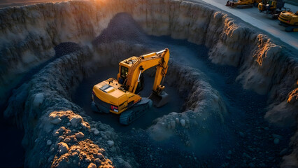 An aerial shot of a construction site at dusk, showcasing a yellow excavator amidst a rocky