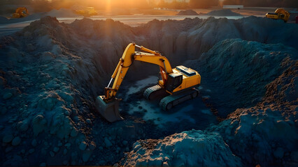 An aerial shot of a construction site at dusk, showcasing a yellow excavator amidst a rocky