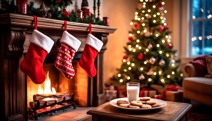 Christmas fireplace with hung stockings and a plate of cookies and milk. Holiday tradition for Santa. Festive winter celebration concept.