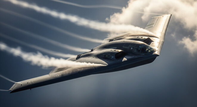 American B-2 Spirit stealth bomber in high-speed action flight, motion intensity, dynamic angle, vapor trails, dramatic sky, detailed surfaces and contours, powerful military aviation scene.