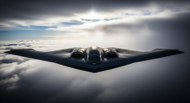 American B-2 Spirit stealth bomber soaring above dense clouds, dramatic perspective, sunlight breaking through cloud layers, atmospheric mood, stealth silhouette, high-detail military aircraft.