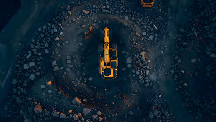 An aerial shot of a construction site at dusk, showcasing a yellow excavator amidst a rocky