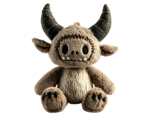 A plush toy creature with horns, large eyes, and a stitched mouth, sitting.