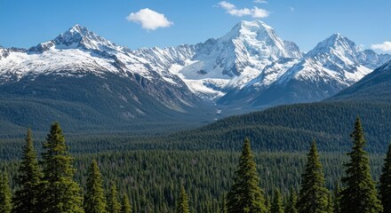 Fototapeta premium Mountain vista, snow-capped peak, lush forest