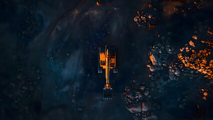 An aerial shot of a construction site at dusk, showcasing a yellow excavator amidst a rocky