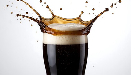Splashing pint of dark stout beer with creamy foam overflow. Dynamic Guinness-style ale pour in glass for refreshing beverage stock photography