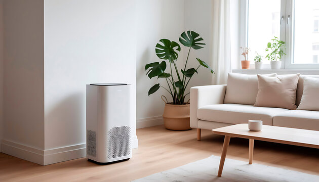 White air purifier standing in a modern light-filled living room. Clean home environment concept. Indoor air quality, healthy lifestyle theme.