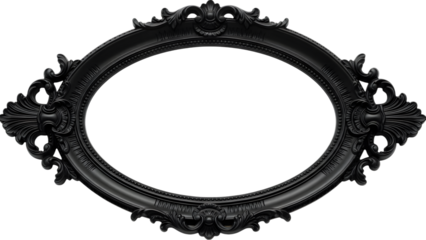 Ornate black oval frame with detailed carvings isolated on transparent background