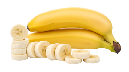 Fresh yellow bananas and sliced pieces stacked together isolated on transparent background