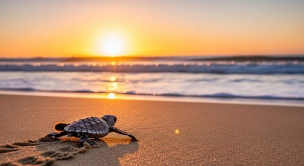 A baby sea turtle on a sandy beach at sunset.