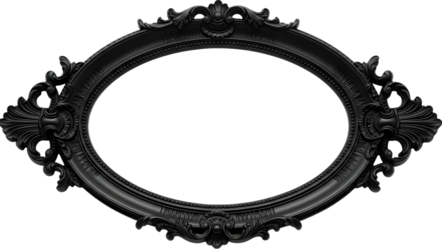 Ornate black oval frame with detailed carvings isolated on transparent background