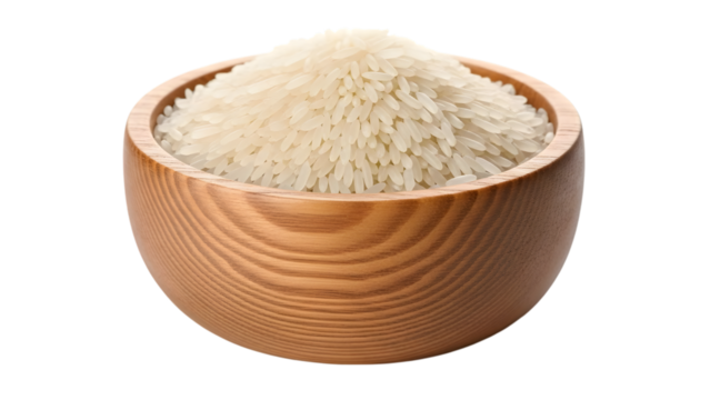 Wooden bowl full of white rice isolated on transparent background