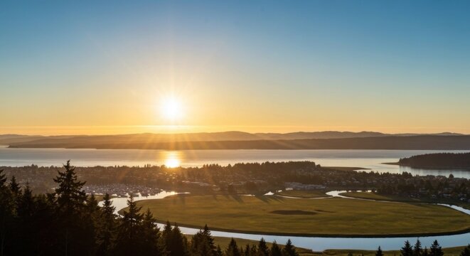 Panoramic sunset over a tranquil bay. A tranquil cityscape nestled within a curved bay, bathed in golden sunlight.