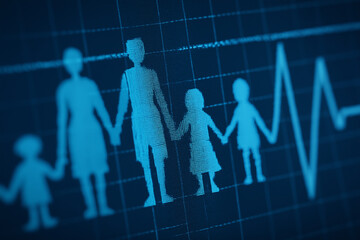 A glowing blue ECG line forms a family silhouette (four people) on a dark digital background.
Symbolism: Represents Family Health, Life's Vitality, Protection, and the Core Importance of Kinship.