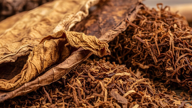 Close-up of dried tobacco leaves and shredded tobacco for cigar and cigarette production