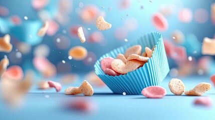 Close-up of colorful snack food spilling out of a blue cupcake liner, with some pieces falling against a soft blue background. The image has a dreamy, soft focu