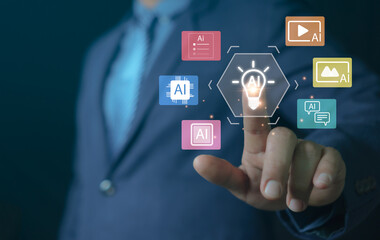 Artificial intelligence concept. Businessman selec digital AI icons representing data processing, automation, creativity, communication, multimedia tools, highlighting modern technology innovation.