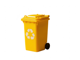 Bright yellow plastic recycling bin with universal recycling symbol sticker isolated on transparent background