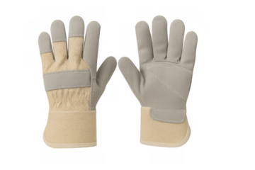Pair of tan and grey work gloves, providing durable hand protection for various manual tasks and labor. Transparent background