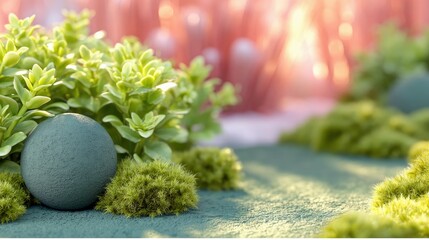 A stone sphere surrounded by vibrant green plants and moss, creating a serene garden scene with soft, warm lighting.