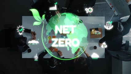 A dynamic business meeting centered on achieving net zero targets. Features a globe graphic with...
