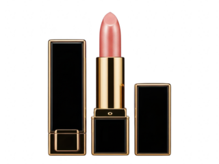 Luxury pink metallic lipstick with open gold and black case isolated on transparent background