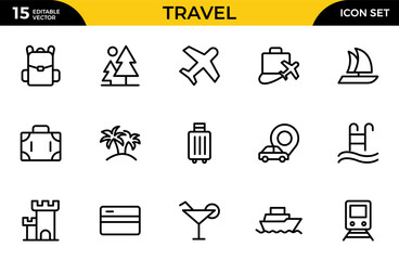 Travel line icon set with passport, suitcase, airplane, hotel, map, globe, compass, backpack, camera, beach icon. Thin outline icons pack. Vector illustration