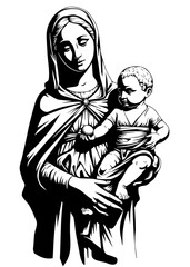 Classical black vector illustration of the Madonna and Child, depicting the Virgin Mary holding the Baby Jesus.