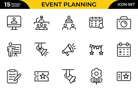 Event planning line icon set. Party related line icons: birthday, wedding, event, catering, invitation, decoration, calendar, and more. Thin outline icons pack. Vector illustration