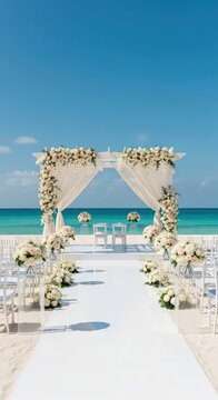 Beach wedding setup with white floral archway chairs and aisle against a turquoise ocean backdrop